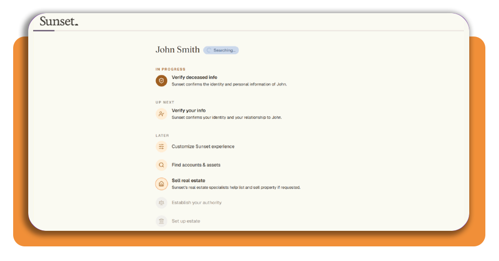Inheritance finder: see how the platform with this feature works 3 HelloSunset progress tracker showing the automatic inheritance finder search in motion