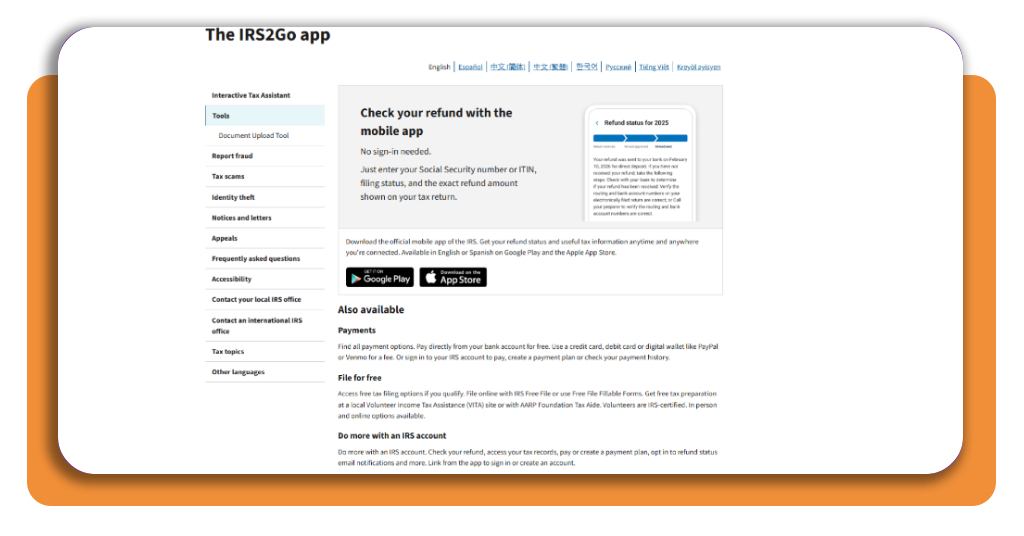 IRS2Go app Payments screen showing sign in to IRS Online Account option