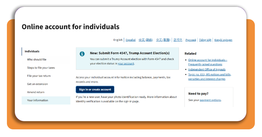 IRS Online Account sign in page through ID.me identity verification
