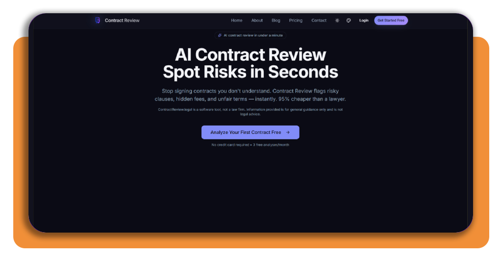 Contract Review website homepage with Get Started Free button