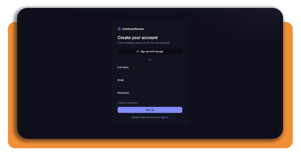 Contract Review free account signup page