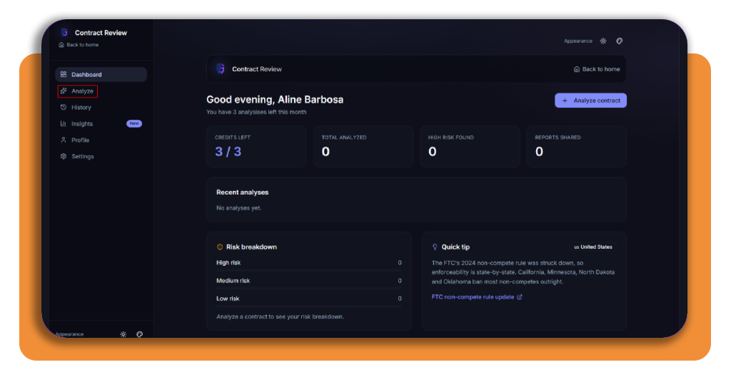Contract Review personal dashboard with risk breakdown chart