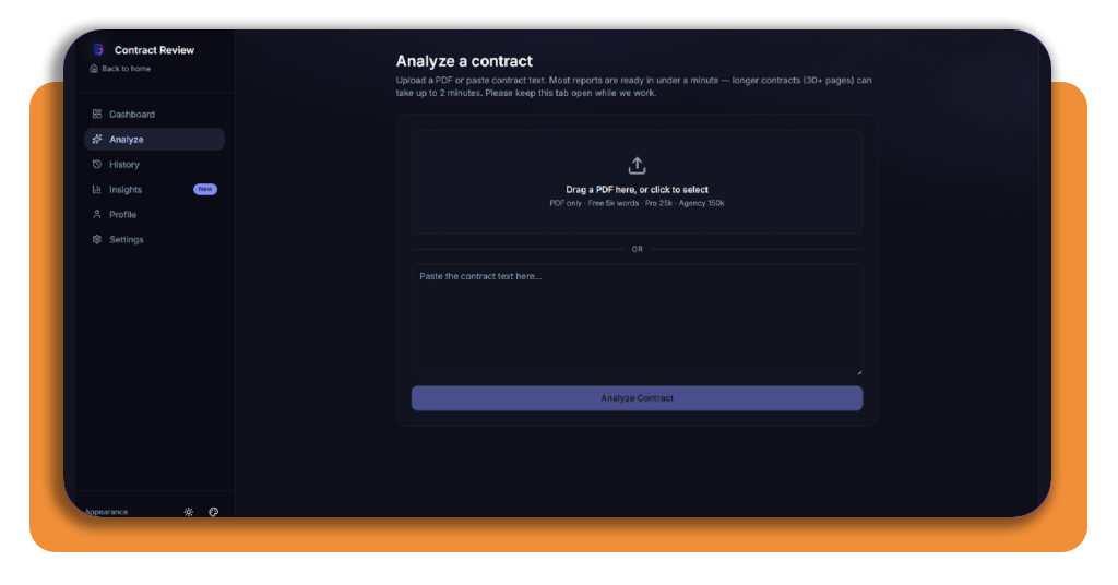 Contract Review upload page with drag and drop PDF area