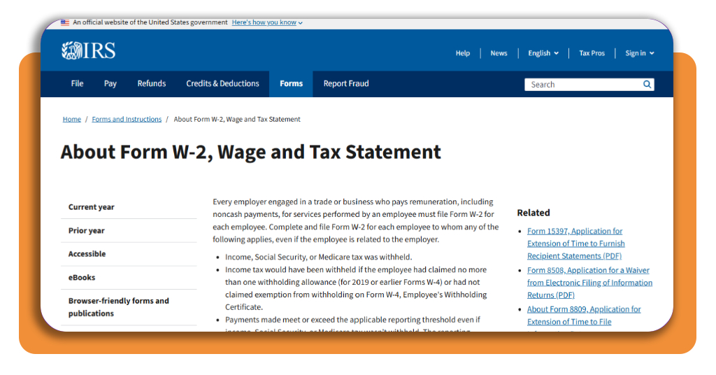 Form W-2 search results on the IRS website