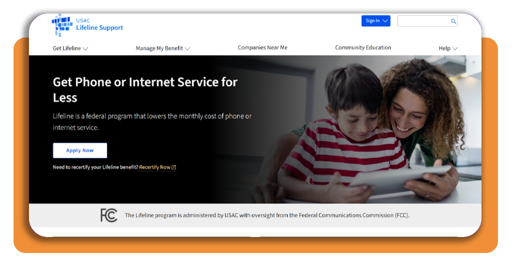 Lifeline Support website homepage showing the Apply Now button