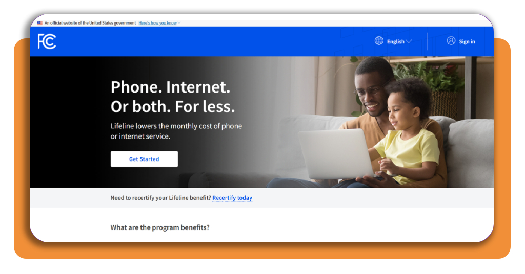 Official Lifeline government application page with Get Started button