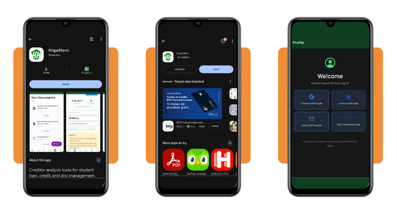 HopeHero app sign up screen on a smartphone