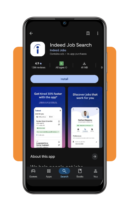 Indeed app home screen showing job search interface