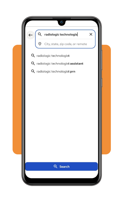 Indeed app search field with radiology position query