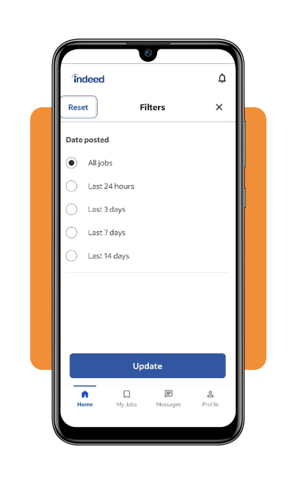 Indeed app filter options for radiology job search results