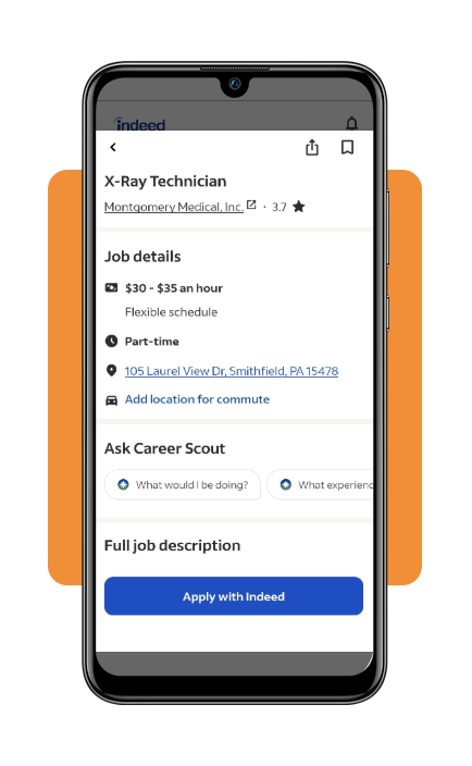 Indeed app showing a radiology job description listing