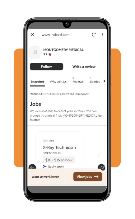 Indeed app employer information page for a radiology job