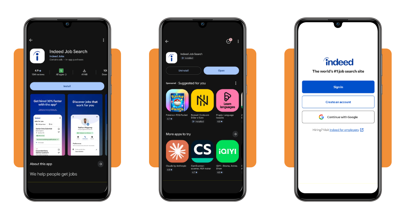 Working as a forklift operator: find a job near you 2 Indeed app sign up screen on a smartphone