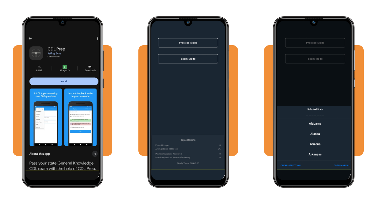 CDL Prep app home screen showing topic selection and state settings
