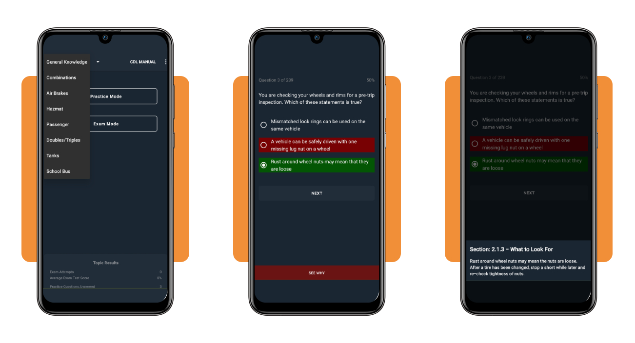CDL Prep Practice Mode showing color-coded answer feedback