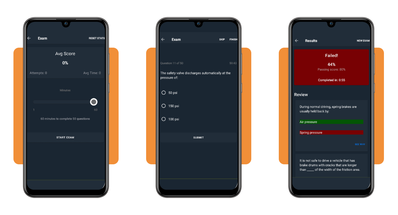 CDL Prep Exam Mode with countdown timer and question interface