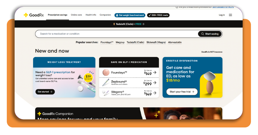 Pharmacy discount: find out how to get huge discounts 2 GoodRx app download screen showing search bar and Start saving button