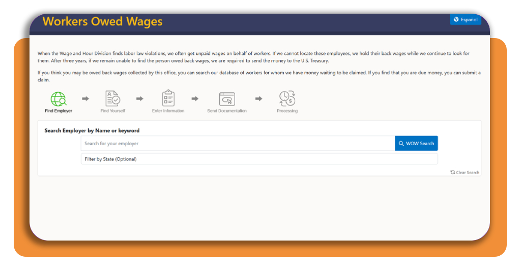 How to check if you're owed unpaid wages from a past job 1 Workers Owed Wages official website homepage with the Find Employer search step highlighted
