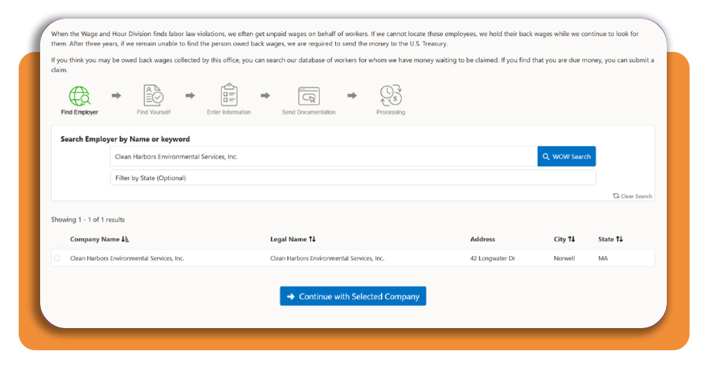 How to check if you're owed unpaid wages from a past job 2 Workers Owed Wages employer search results page with company selection options