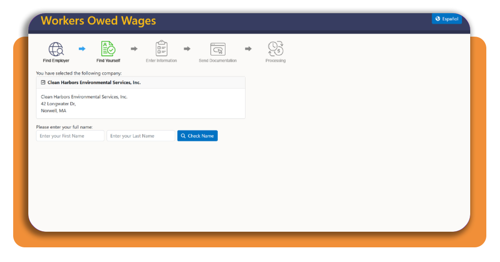 How to check if you're owed unpaid wages from a past job 3 Workers Owed Wages name check screen showing name matching results for a selected employer