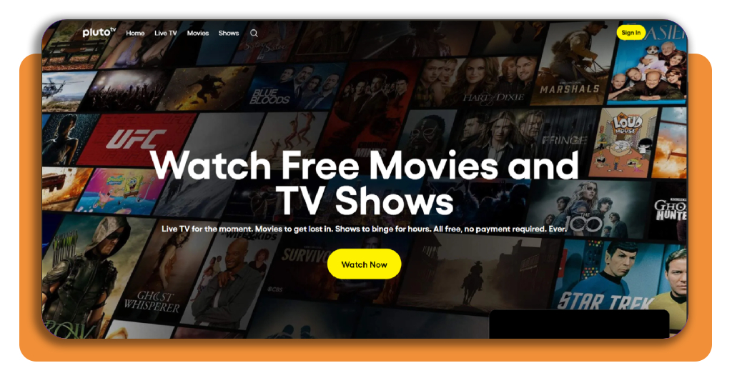 Pluto TV app download screen on mobile browser