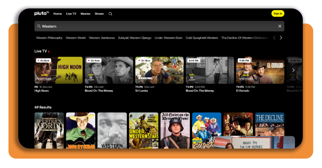 Searching for Western movies on Pluto TV app
