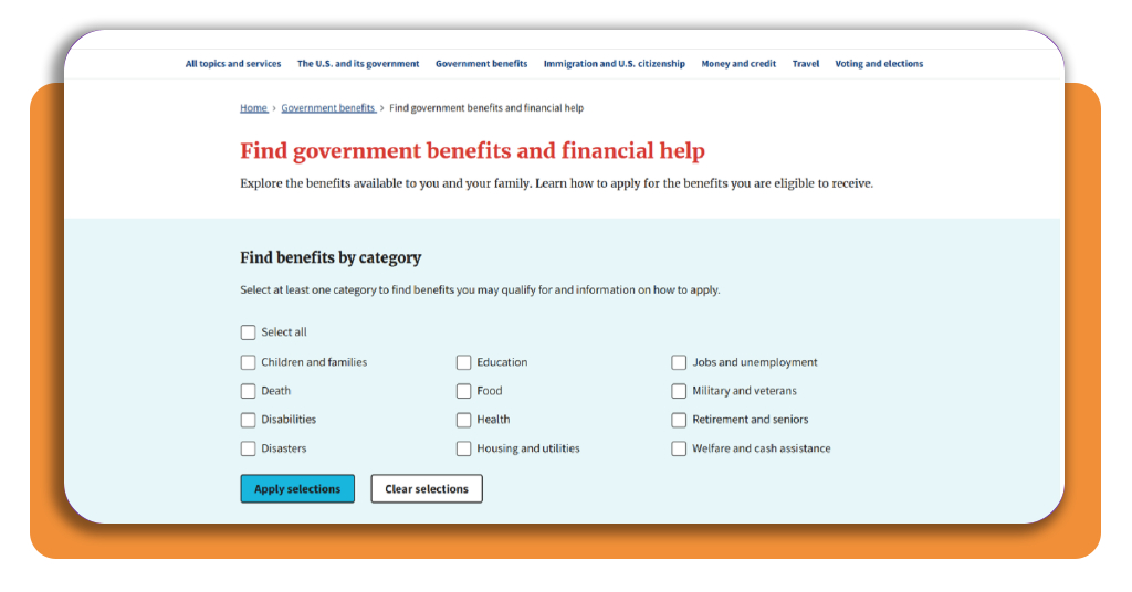 Screenshot of the Benefit Finder opening page on USAGov showing category checkboxes