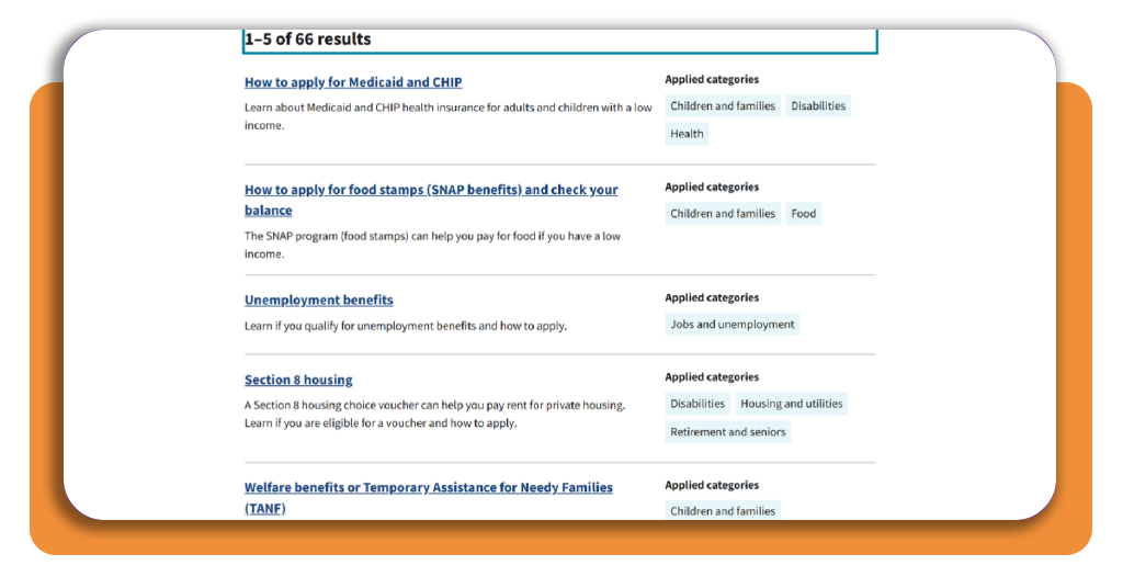 Benefit Finder results page listing national assistance programs with category tags