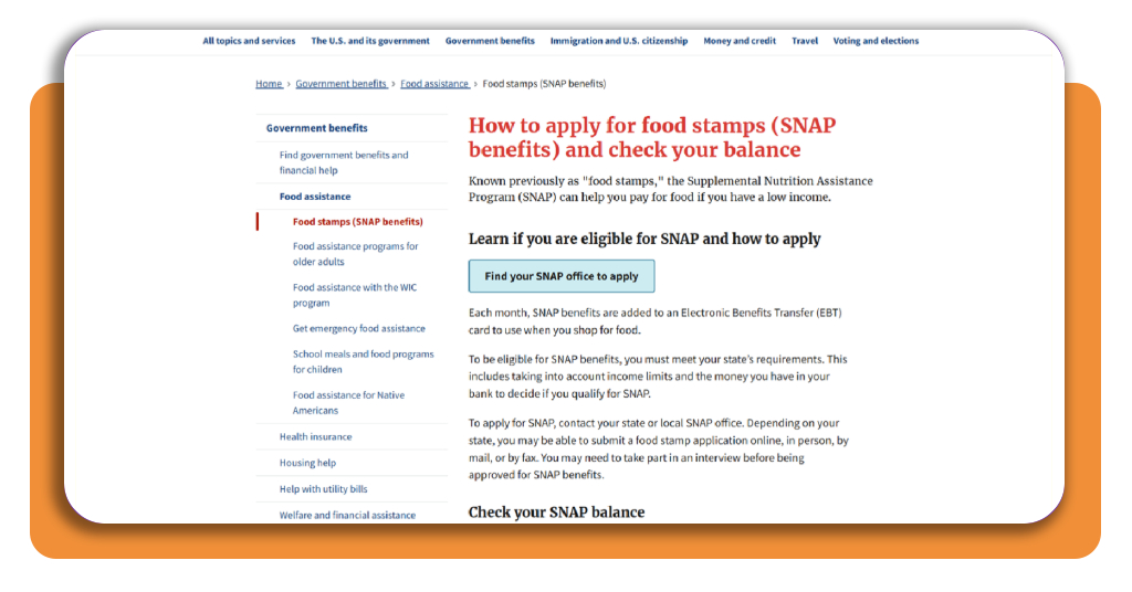 SNAP program page on USAGov with a state map to find local offices