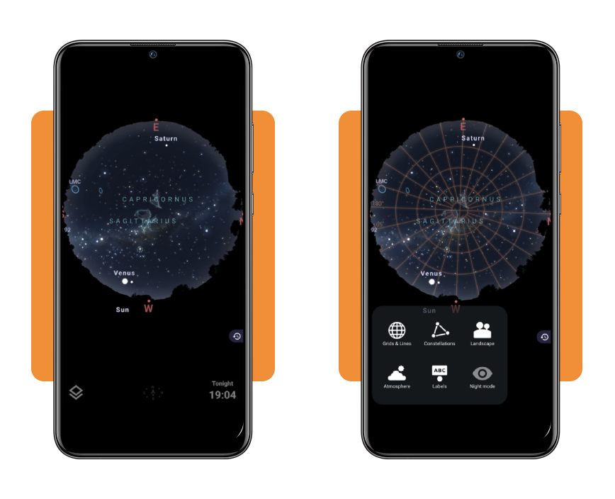 Astronomy app: view stars by pointing your camera at the sky 3 Smartphone camera pointed at the night sky with Stellarium AR labels overlaid on stars