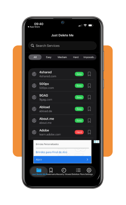 Just Delete Me app search screen showing how to find a service for account deletion