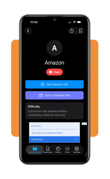 Just Delete Me app showing a service's account deletion difficulty rating