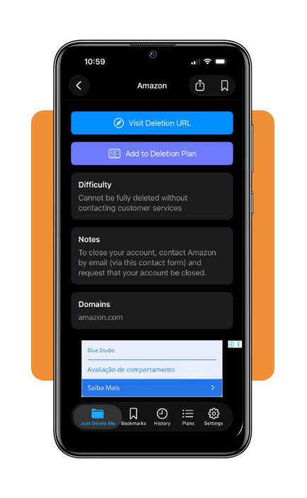 Just Delete Me app displaying step-by-step deletion instructions for an online service