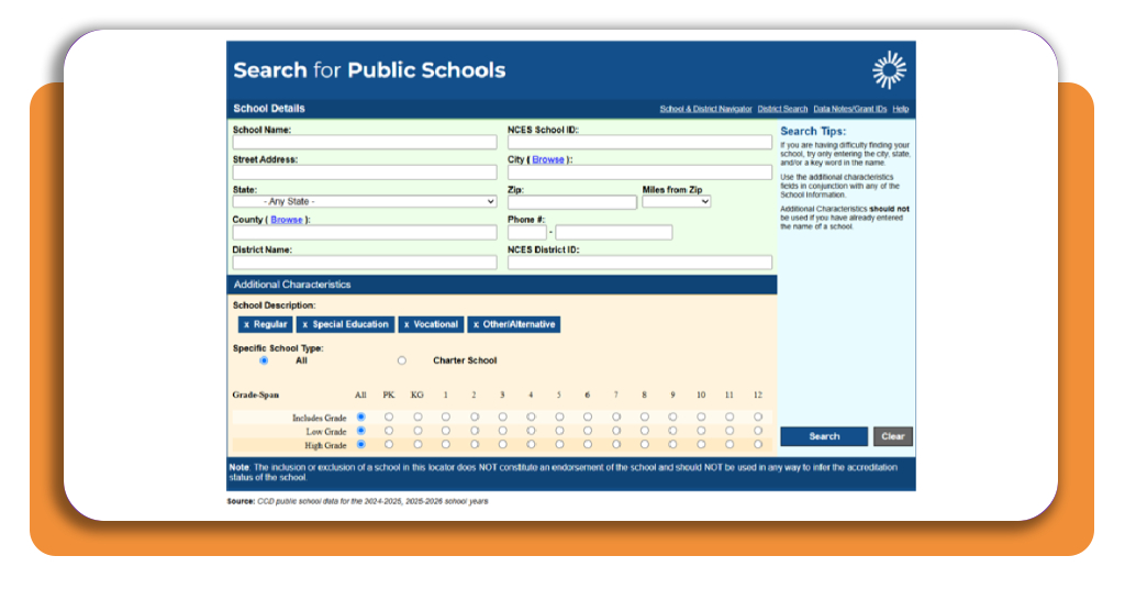 NCES school search form showing fields for school name, address, city, state, and ZIP code