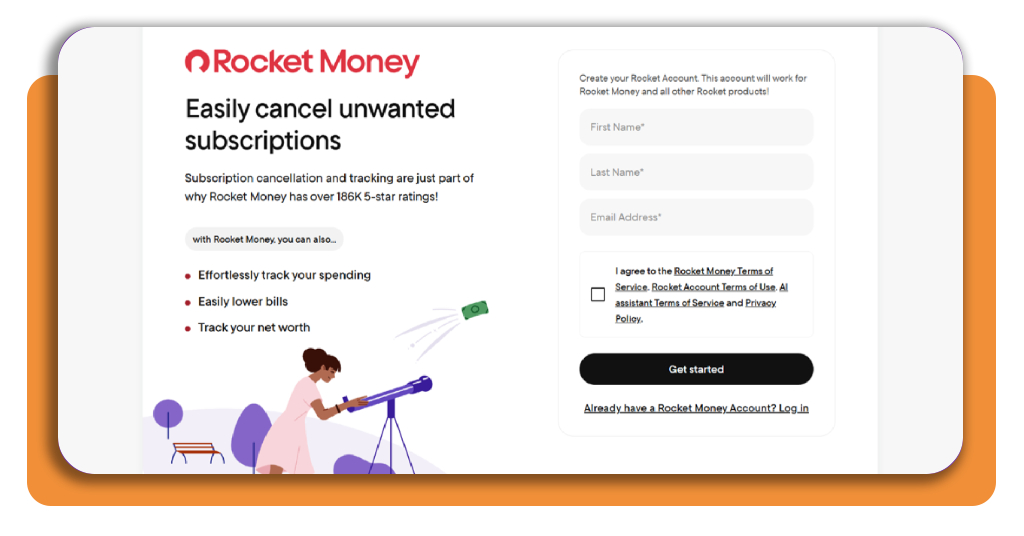 Recurring subscription management app: enable billing alerts 3 Rocket Money account creation form with name and email fields