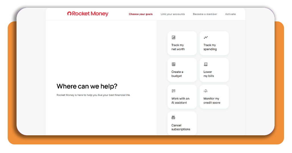 Recurring subscription management app: enable billing alerts 4 Rocket Money goals selection screen showing Cancel subscriptions option