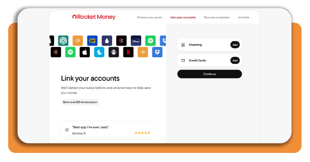 Recurring subscription management app: enable billing alerts 5 Rocket Money account linking screen for checking and credit card accounts