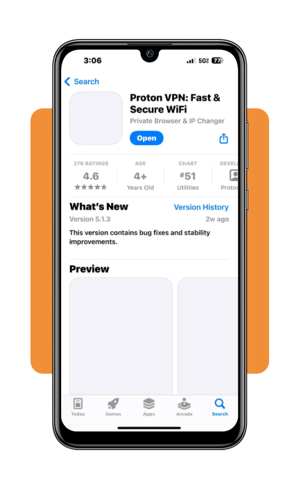 Secure VPN: browse privately and stay safe on any Wi-Fi network 2 Proton VPN download and install screen on mobile device