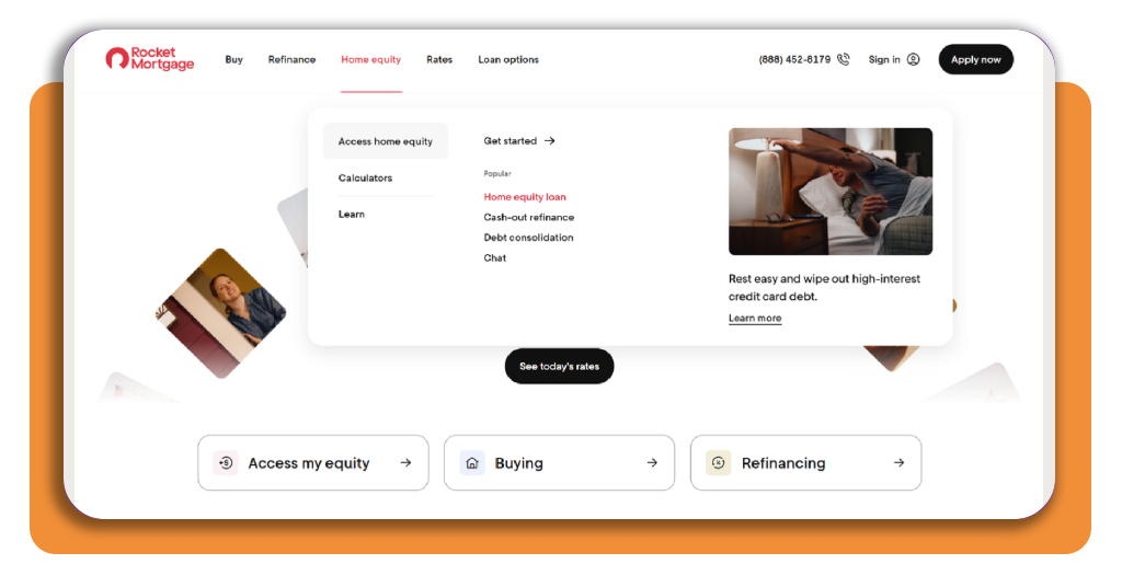 Home Equity limit: see how much you could be eligible for 2 Rocket Mortgage app home screen showing home equity loan options